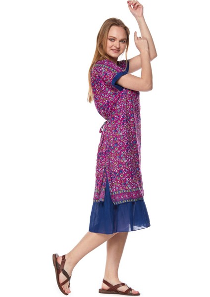 Şile Bezi Çiçek Desenli Pembe Midi ELBISE-6104