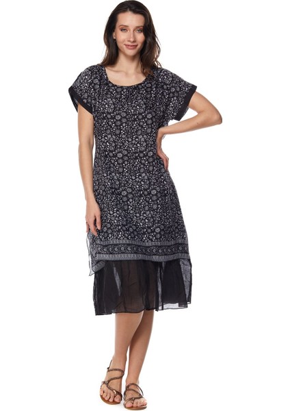 Şile Bezi Siyah Çiçek Desenli Midi ELBISE-6098