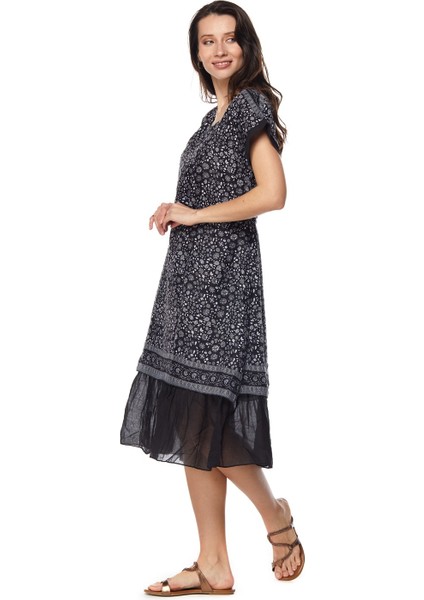 Şile Bezi Siyah Çiçek Desenli Midi ELBISE-6098
