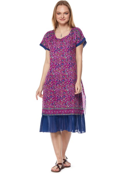 Şile Bezi Çiçek Desenli Pembe Midi ELBISE-6104