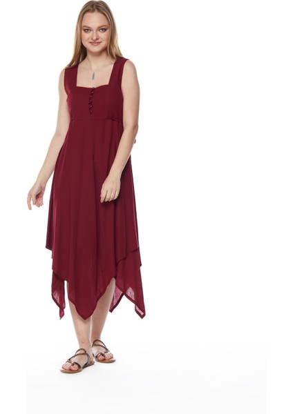 Şile Bezi Bordo Asimetrik Düğmeli Elbise