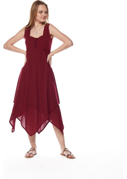 Şile Bezi Bordo Asimetrik Düğmeli Elbise fiyatları