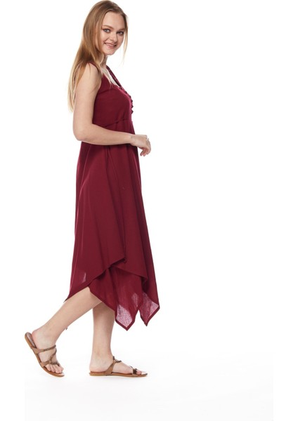 Şile Bezi Bordo Asimetrik Düğmeli Elbise modelleri