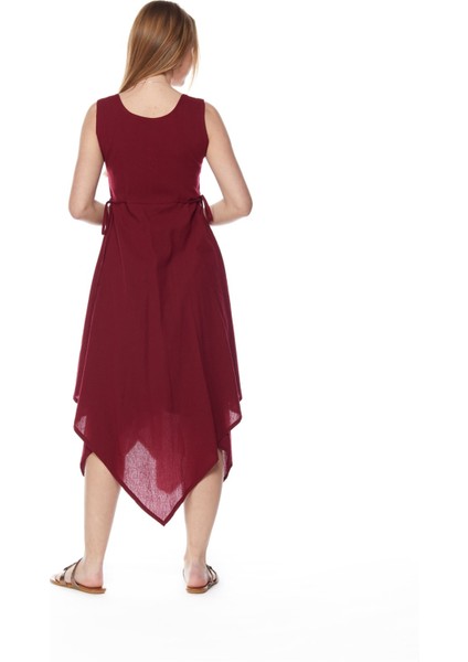 Şile Bezi Bordo Asimetrik Düğmeli Elbise fırsatları