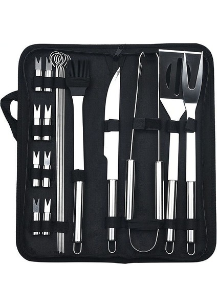 Paslanmaz Çelik Izgara Seti Barbekü Kombinasyonu Aracı Açık Izgara Seti Izgara Seti Bez Çanta Küçük Tüp Kolu 20 Parçalı Set (Bıçak) (Yurt Dışından)