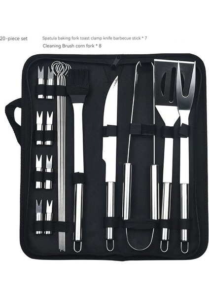 Paslanmaz Çelik Izgara Seti Barbekü Kombinasyonu Aracı Açık Izgara Seti Izgara Seti Bez Çanta Küçük Tüp Kolu 20 Parçalı Set (Bıçak) (Yurt Dışından)