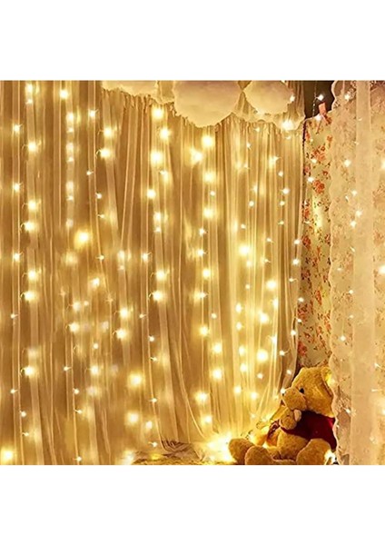 Peri Perde Led|kumandalı 8 Modlu 10 Saçaklı 3x3 Metre 8 Modlu Gün Işığı(Sarı) Tel LED Aydınl