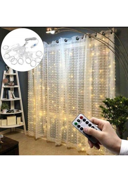 Peri Perde Led|kumandalı 8 Modlu 10 Saçaklı 3x3 Metre 8 Modlu Gün Işığı(Sarı) Tel LED Aydınl