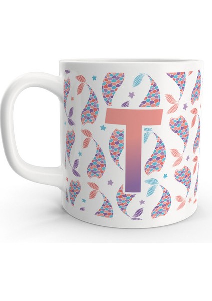 T Harfi Deniz Kızı Mermaid Renkli Tasarım Harfli Kupa Bardak