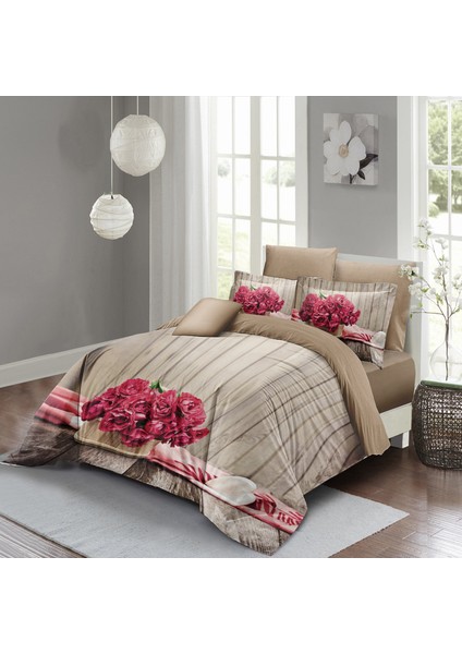 Pink Flowers Çift Kişilik Nevresim Takımı 3D Pamuk Saten