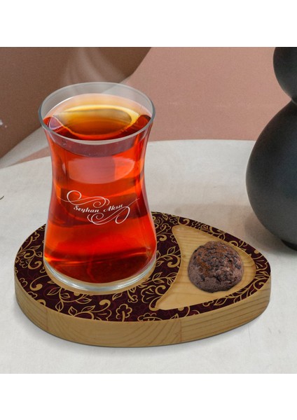 Kişiye Özel Retro Motif Tasarımlı Doğal Ahşap Tabaklı Heybeli Çay Bardağı Sunum Seti Model 13