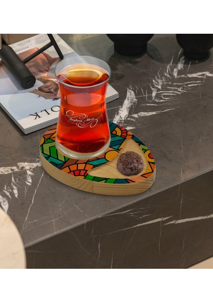 Kişiye Özel Modern Art Tasarımlı Doğal Ahşap Tabaklı Heybeli Çay Bardağı Sunum Seti Model 15 modelleri