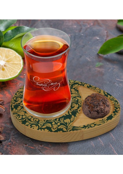 Kişiye Özel Retro Motif Tasarımlı Doğal Ahşap Tabaklı Heybeli Çay Bardağı Sunum Seti Model 8