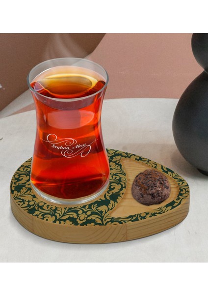 Kişiye Özel Retro Motif Tasarımlı Doğal Ahşap Tabaklı Heybeli Çay Bardağı Sunum Seti Model 8