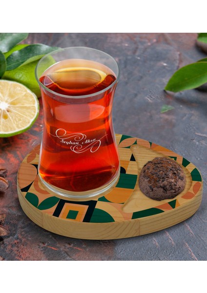 Kişiye Özel Modern Art Tasarımlı Doğal Ahşap Tabaklı Heybeli Çay Bardağı Sunum Seti Model 14