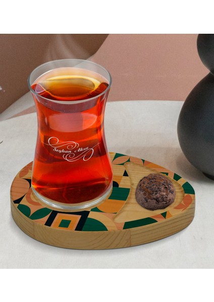Kişiye Özel Modern Art Tasarımlı Doğal Ahşap Tabaklı Heybeli Çay Bardağı Sunum Seti Model 14