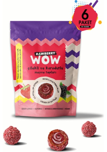 Wow - Çilek ve Karadut Dolgulu Meyve Topu Şeker Ilavesiz Vegan Sağlıklı Atıştırmalık 90GR x 6 Paket