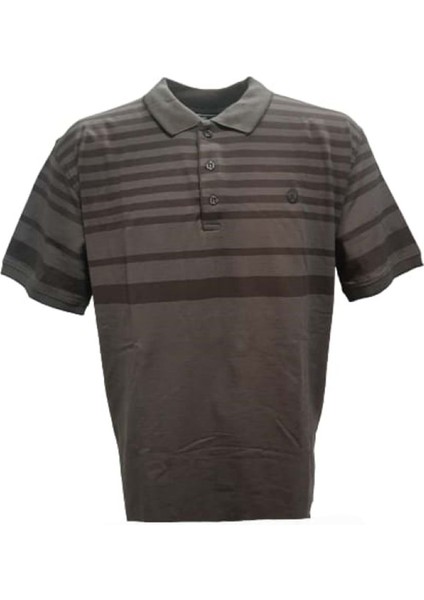 Rey Polo Erkek Battal Basic Çizgili Polo Yaka Kısa Kol T-Shirt R00934 - Kahverengi - 2xl