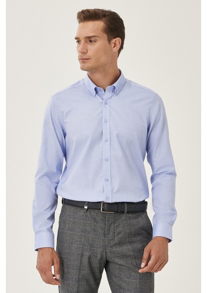 ALTINYILDIZ CLASSICS Erkek Açık Mavi Ütü Gerektirmeyen Non -ıron Slim Fit Dar Kesim %100 Pamuk Düğmeli Yaka Gömlek