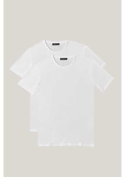AC&Co / Altınyıldız Classics Erkek Beyaz Slim Fit Dar Kesim Bisiklet Yaka %100 Pamuk 2'li Düz Tişört Paketi