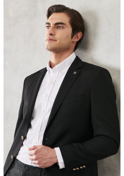 ALTINYILDIZ CLASSICS Erkek Siyah Comfort Fit Rahat Kesim Kırlangıç Yaka Casual Ceket
