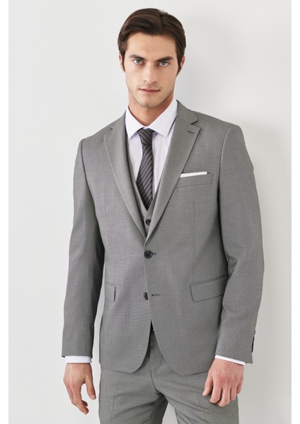 ALTINYILDIZ CLASSICS Erkek Gri-siyah Slim Fit Dar Kesim Mono Yaka Desenli Yelekli Takım Elbise