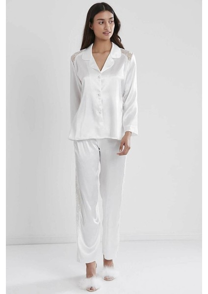 Kadın Sırtı Dantel Saten Pijama Takımı 1438 Ekru