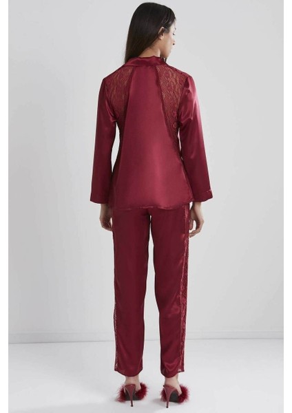 Kadın Sırtı Dantel Saten Pijama Takımı 1438