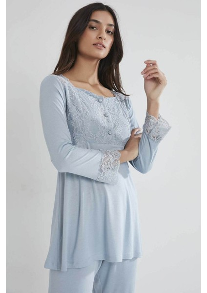 Kadın Penye Dantelli Pijama Takımı 1241 Mist fırsatları