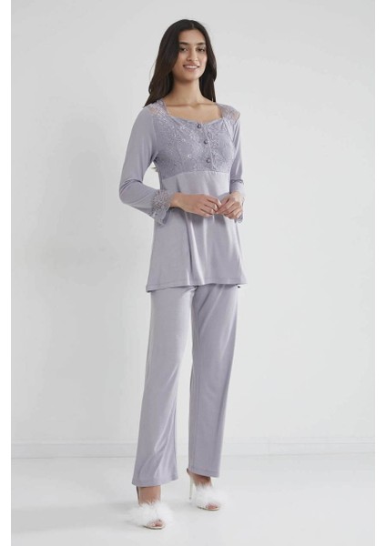 Kadın Penye Dantelli Pijama Takımı 1241 Royal