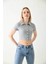 Gri Polo Yaka Fitilli Örme Crop Bluz 1