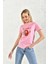 Pembe Bisiklet Yaka Baskı Detaylı T-Shirt 5