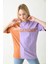 Lila Oversize Baskılı Renk Bloklu Tshirt 1
