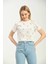 Beyaz Baskılı Crop Örme T-Shirt 2