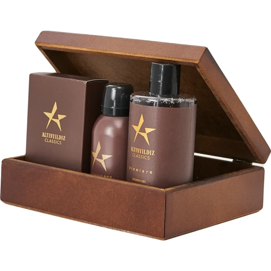 ALTINYILDIZ CLASSICS Erkek Premiere EDP Parfüm-Deodorant-Duş Jeli Ahşap Kutulu Set (100 ML150 ML 400 ML) Damat Bohçası