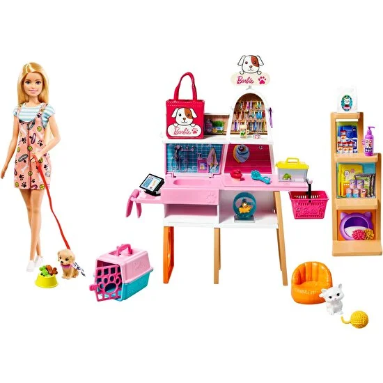 Barbie Bebek ve Evcil Hayvan Dükkanı Oyun Seti; 4 Hayvan Arkadaş ve Aksesuarlar Dahil; 3-7 Yaş Arası İçin GRG90