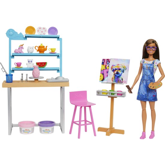 Barbie Barbie'Nin Sanat Atölyesi, Barbie Bebek (29 Cm), Çömlek Yapımı Ve Resim Sanatı İçin 25'Ten Fazla Aksesuar, Oyun Hamuru, Vazo Kalıbı, Tuvaller Ve Daha Fazlası, 3-7 Yaş Arası Hcm85