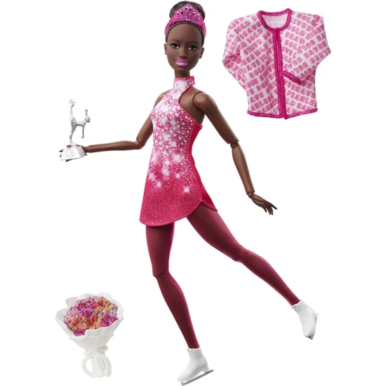 Barbie® Buz Pateni Sporcusu Bebek (30 cm), pembe elbiseli, ceket, gül buketi ve ödül, 3 yaş ve üzeri HCN31