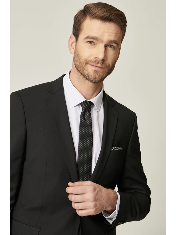 ALTINYILDIZ CLASSICS ERKEK Siyah Slim Fit Mono Yaka Yünlü Su ve Leke Tutmayan Nano Takım Elbise