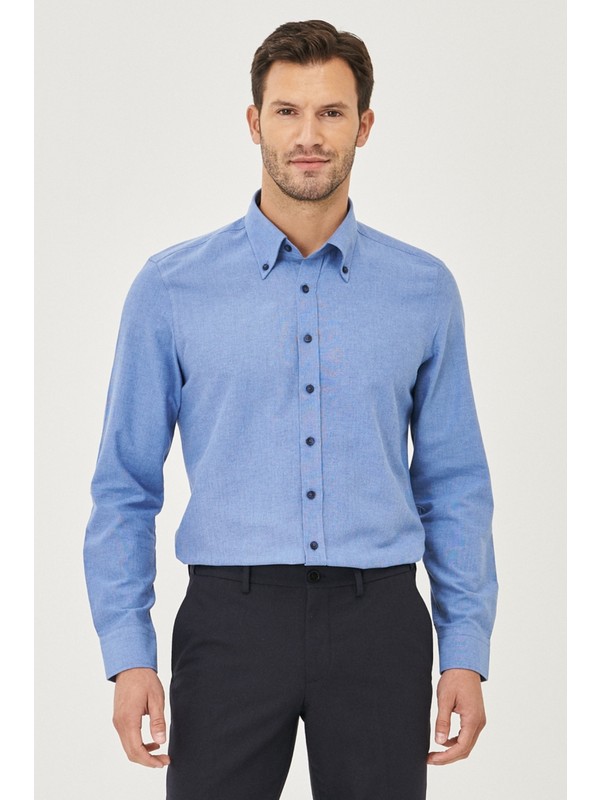 Ac&Co / Altınyıldız Classics Erkek K.Mavı Düğmeli Yaka Tailored Slim Fit Oxford Gömlek