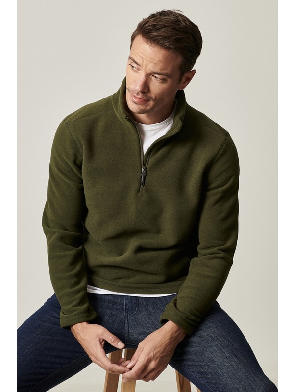 AC&Co / Altınyıldız Classics Erkek Haki Anti-Pilling Tüylenme Yapmayan Standart Fit Bato Yaka Soğuk Geçirmez Polar Sweatshirt