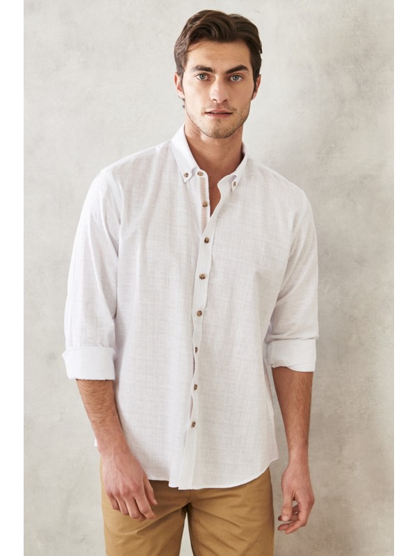 Altınyıldız Classıcs Erkek Beyaz Comfort Fit Rahat Kesim %100 Pamuk Düğmeli Yaka Casual Gömlek