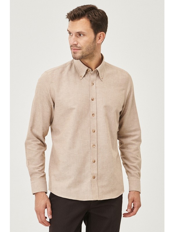 AC&Co / Altınyıldız Classics Erkek Vizon Düğmeli Yaka Tailored Slim Fit Oxford Gömlek