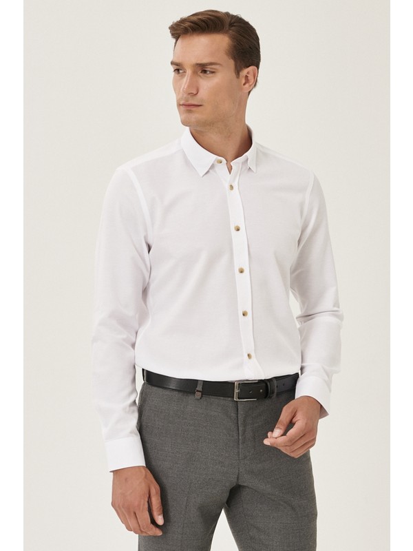AC&Co / Altınyıldız Classics Erkek Beyaz Tailored Slim Fit Dar Kesim Düğmeli Yaka Oxford Gömlek