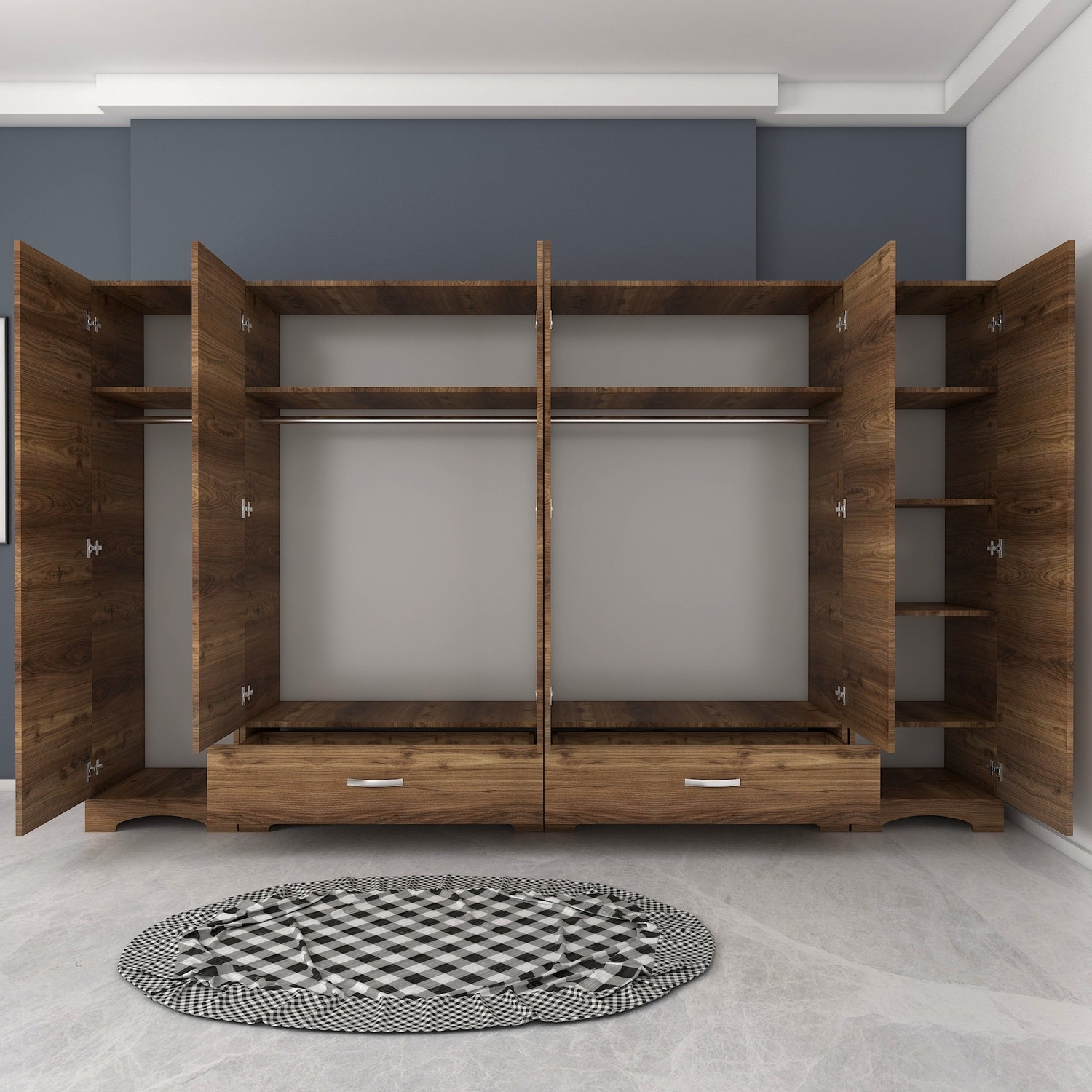 Rani F4 Geniş Gardırop Elbise Dolabı 6 Kapılı 2 Çekmeceli