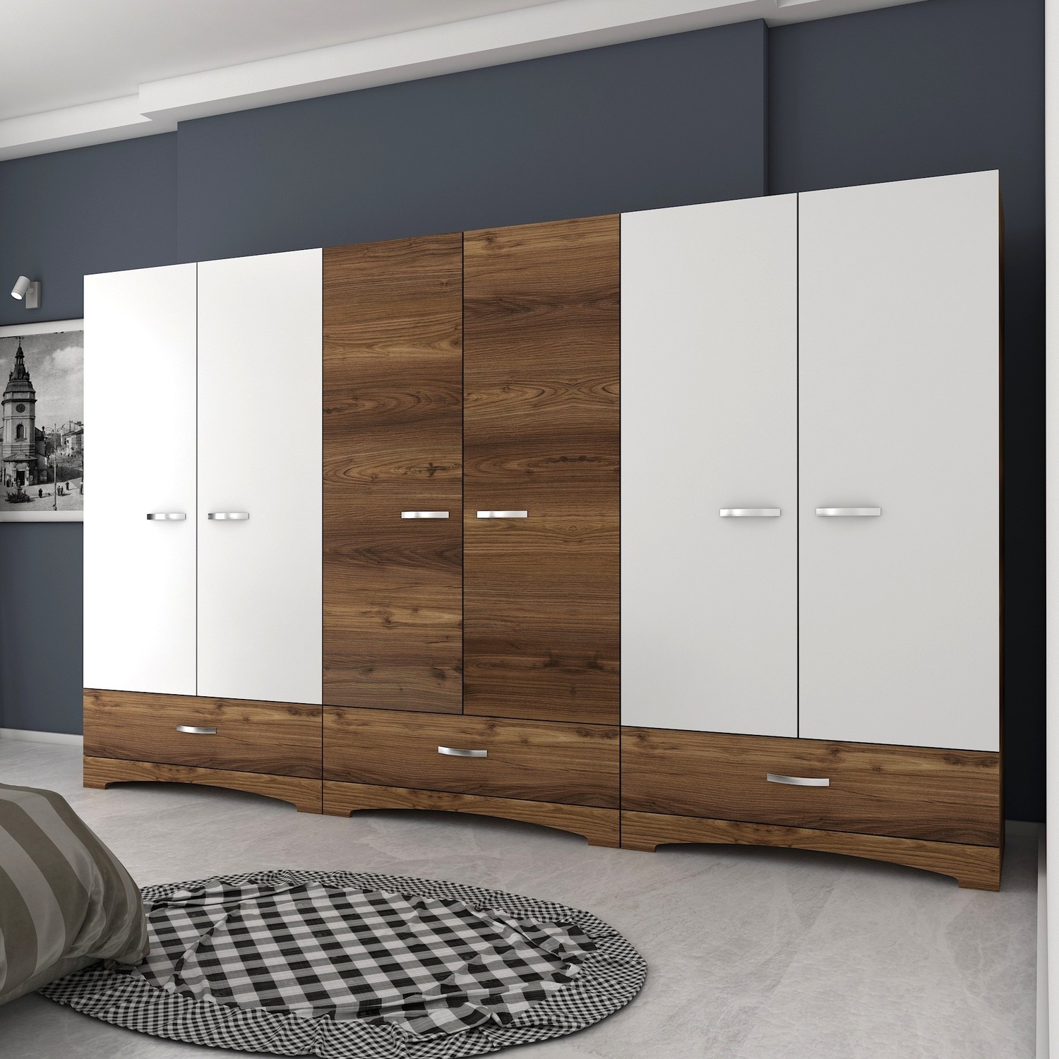 Rani F4 Geniş Gardırop Elbise Dolabı 6 Kapılı 3 Çekmeceli