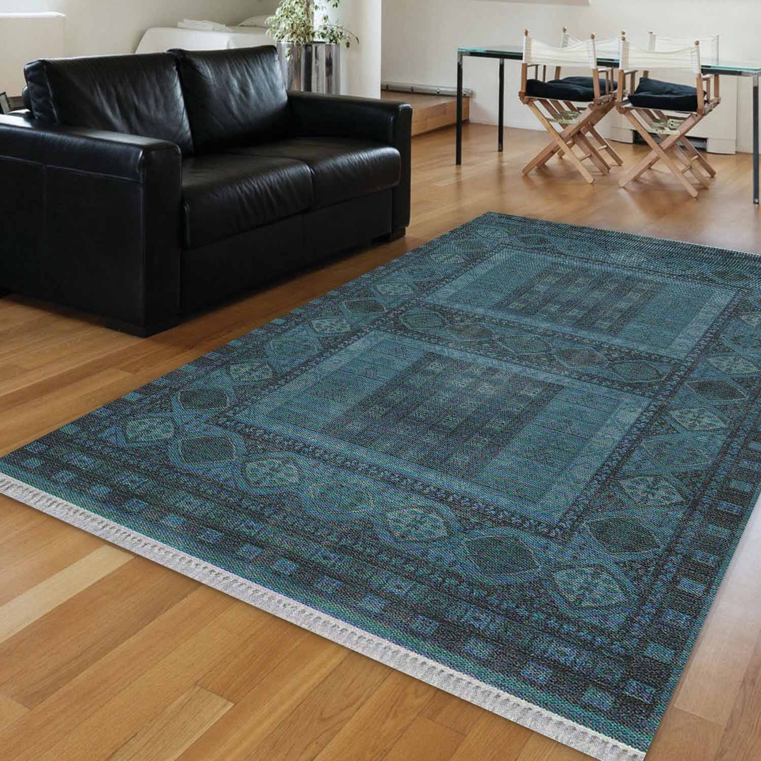 Else Mavi Vintage Modern Dekoratif Saçaklı İnce Kilim Halı Fiyatı