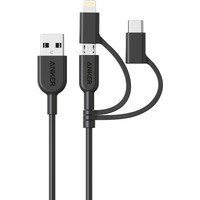 Anker Powerline II 3in1 Lightning + Type-C + Micro USB to USB 2.0 Dayanıklı MFI Lisanslı Data ve Şarj Kablosu - Siyah - 0.9m - A8436011