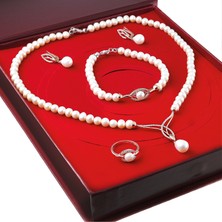 Chavin İnci Rose Gümüş Kolye Küpe Bileklik Yüzük Takım, Set Ds45