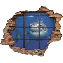 Renkselart Köpek Balığı, Gemi Ve Kırık Cam 3D Görünümlü Duvar Sticker